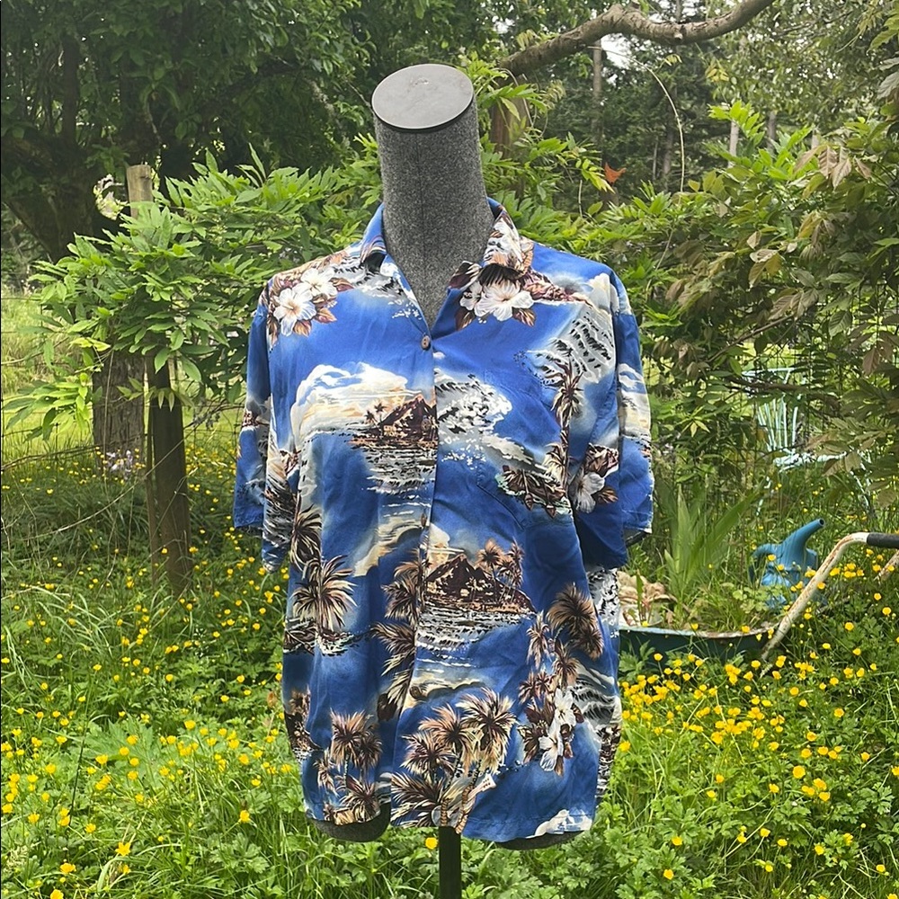Tropical Hawaiian Ukulele Blue Shirt with Floral Island Print